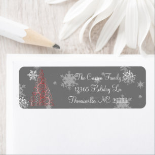 Red Christmas Tree and Snowflakes Label Return Address Label