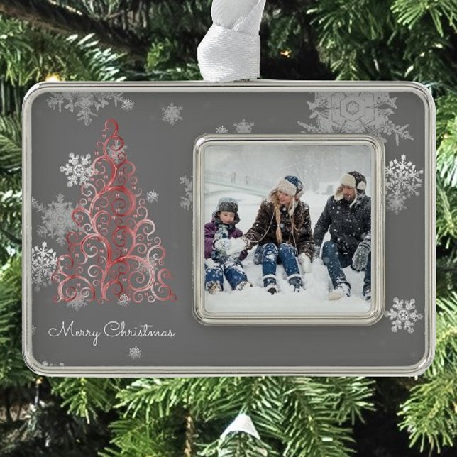 Red Christmas Tree and Snowflakes Silver Plated Framed Ornament (Red Christmas Tree and Snowflakes Framed Ornament)