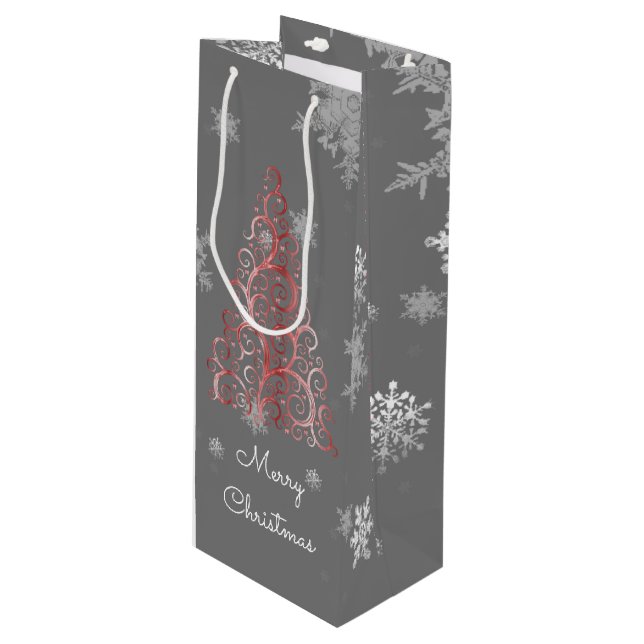 Red Christmas Tree and Snowflakes Wine Gift Bag (Front Angled)