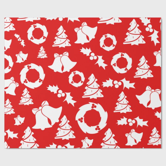 Red Christmas Tree Bells Wreath Wrapping Paper (Flat)