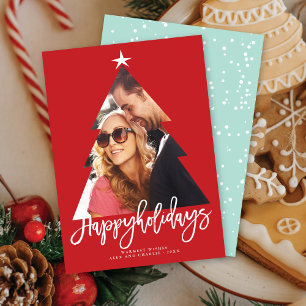 Red Christmas Tree Cutout Happy Holidays Photo Holiday Card