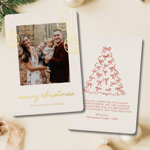 Red Christmas Tree Doodle Coquette Bow Gold Foil Holiday Card