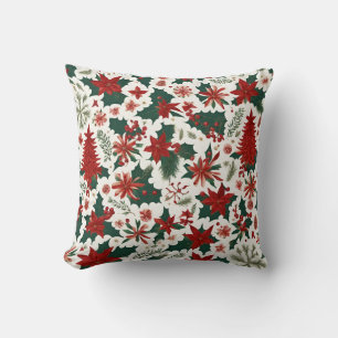 red Christmas tree, flowers, berries, green leaves Cushion