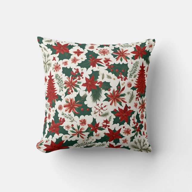 red Christmas tree, flowers, berries, green leaves Cushion (Front)