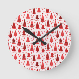 Red Christmas Tree Forest Cute Pattern Round Clock