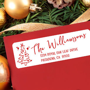Red Christmas Tree Fun Hand Drawn Doodles Script Return Address Label