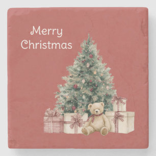 Red Christmas Tree Gifts Teddy Bear Stone Coaster