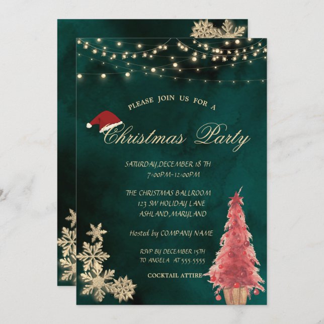 Red Christmas Tree,Gold Snowflakes Christmas Party Invitation (Front/Back)