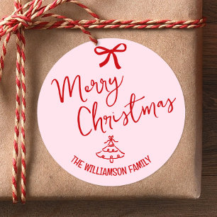 Red Christmas Tree Hand Drawn Doodles Script Pink Classic Round Sticker
