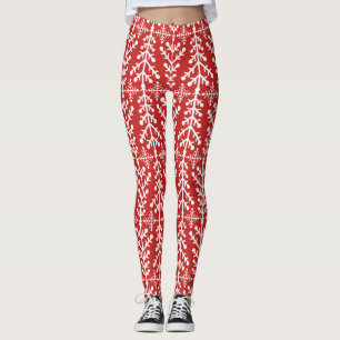 Red Christmas Tree Nordic Fair Isle Knit Pattern Leggings