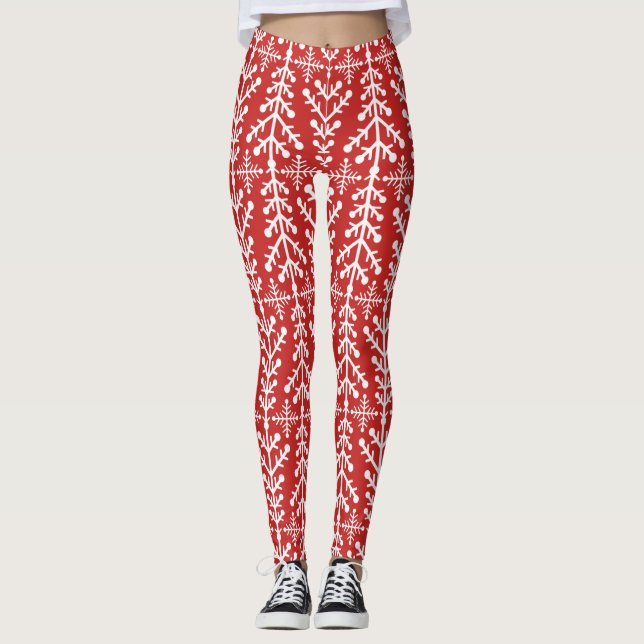 Red Christmas Tree Nordic Fair Isle Knit Pattern Leggings (Front)