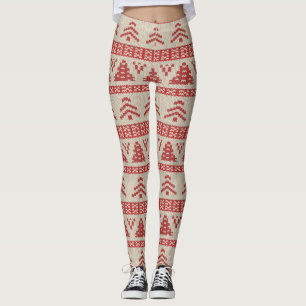 Red Christmas Tree Nordic Knit Sweater Pattern Leggings