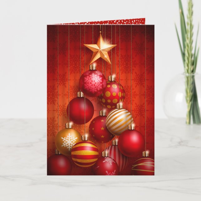 Red Christmas Tree Ornaments Folded Business Holiday Card (Front)