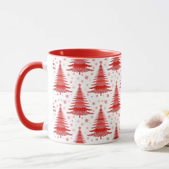Red Christmas Tree Pattern Gift Mug (With Donut)