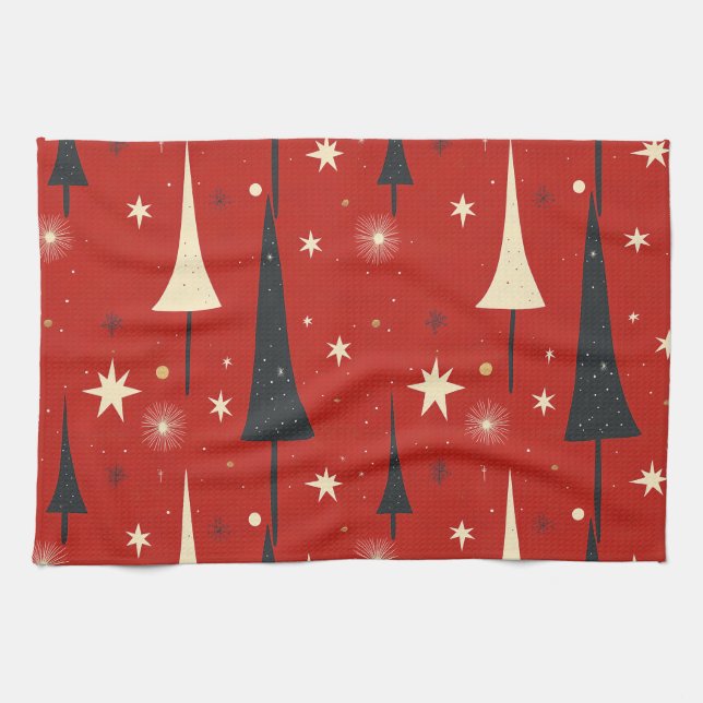 Red Christmas Tree Pattern Tea Towel (Horizontal)