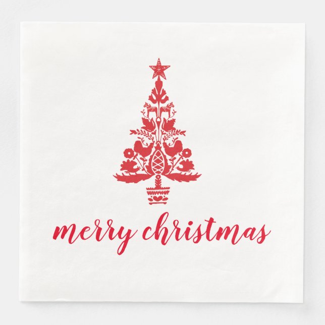 Red Christmas Tree Scandinavian Merry Christmas Napkin (Front)