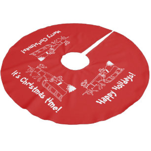 Red Christmas tree skirt with Santa sleigh ride