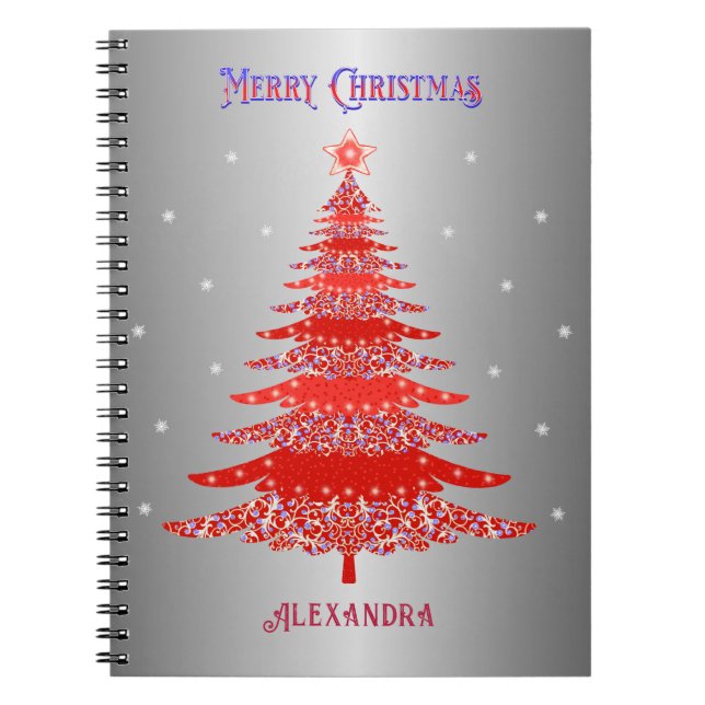 Red Christmas Tree Snowflakes Custom Name Silver Notebook (Front)