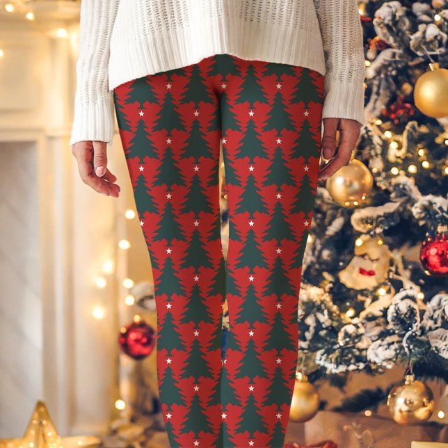 Red Christmas Tree Star Pattern Holiday Leggings (Creator Uploaded)