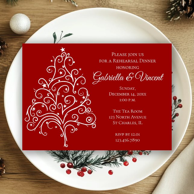 Red Christmas Tree Winter Wedding Rehearsal Dinner Invitation (Creator Uploaded)