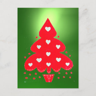 RED CHRISTMAS TREE WITH HEARTS IN GREEN HOLIDAY PO POSTCARD