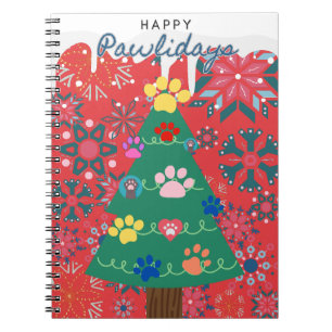 Red Christmas tree with paws ornaments Notebook