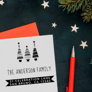 Red Christmas Trees & Family Name Return Address Self-inking Stamp