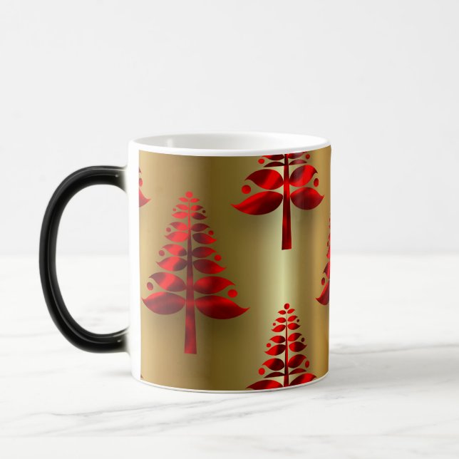 Red Christmas Trees on Gold Magic Mug (Left)
