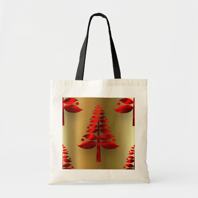 Red Christmas Trees on Gold Tote Bag (Front)