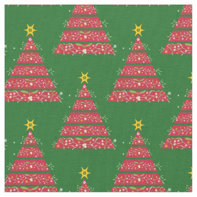 Red Christmas trees with mistletoe fabric (Close Up)
