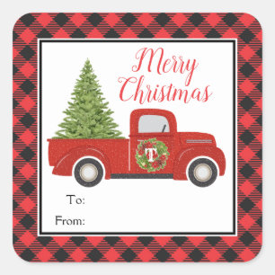 Red Christmas Truck Buffalo Plaid To From Gift Square Sticker
