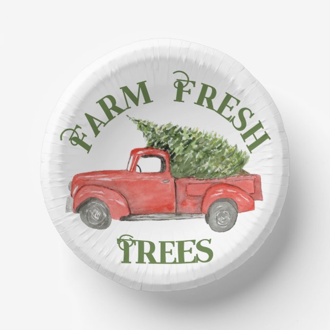Red Christmas Truck Farm Fresh Trees Paper Plate (Front)