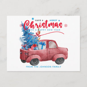 Red Christmas Truck Illustration Holiday Postcard