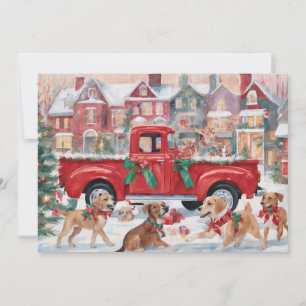 Red Christmas Truck in village with puppies Holiday Card
