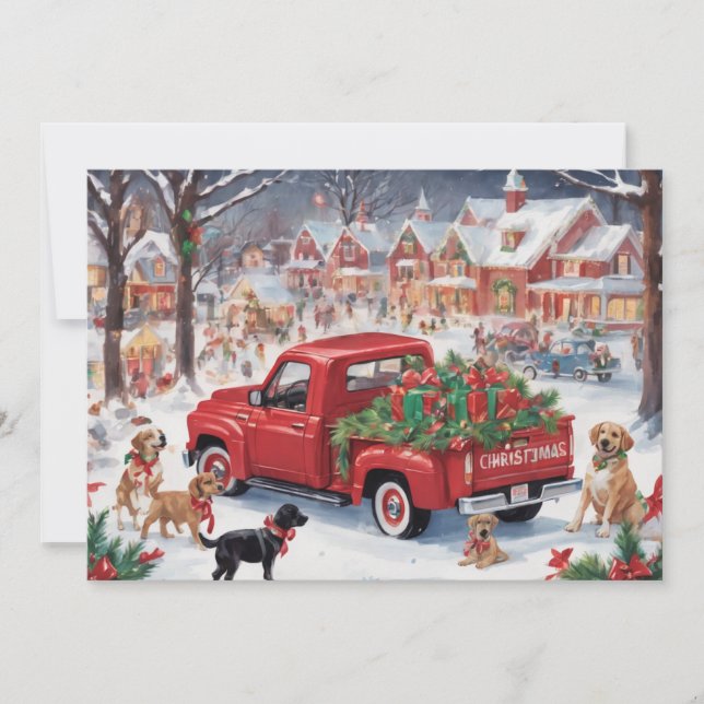 Red Christmas Truck in village with puppies Holiday Card (Front)