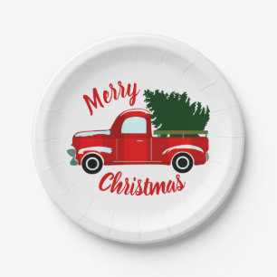 Red Christmas Truck Rustic Christmas Holiday Party Paper Plate
