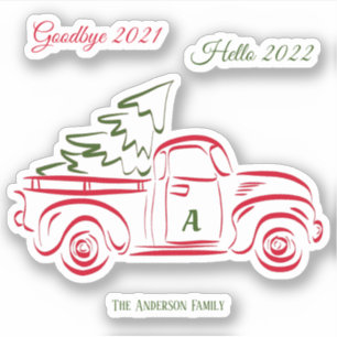 Red Christmas truck tree Family Monogram Sticker