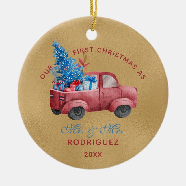 Red Christmas Truck Watercolor Newlyweds Photo Ceramic Ornament (Front)