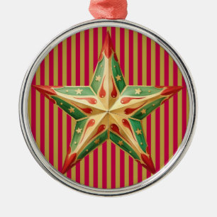 RED CHRISTMAS TUFTED PATTERN WITH GREEN RED STAR METAL ORNAMENT