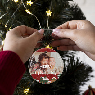 Red Christmas Village Custom Family Photo Keepsake Ceramic Ornament