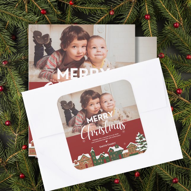Red Christmas Village Family Photo Holiday Square Sticker (Red Christmas Village Family Photo Holiday Square Sticker)