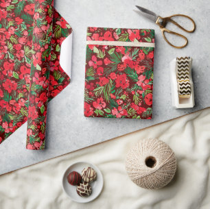 Red Christmas watercolor pattern Dark Wrapping Paper