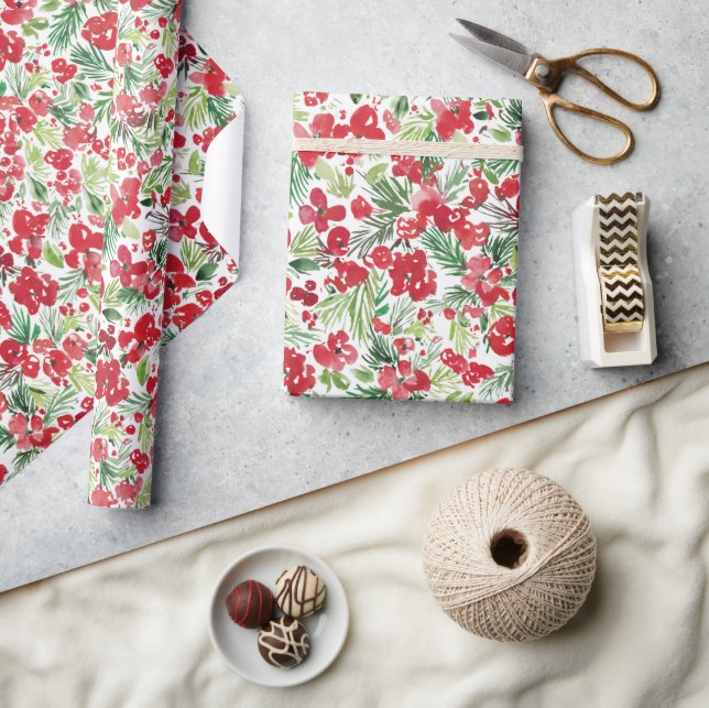 Red Christmas watercolor pattern Wrapping Paper (Crafts)