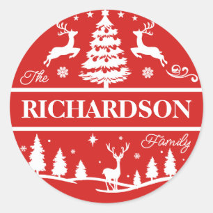 Red Christmas White Family Name Custom   Holiday Classic Round Sticker