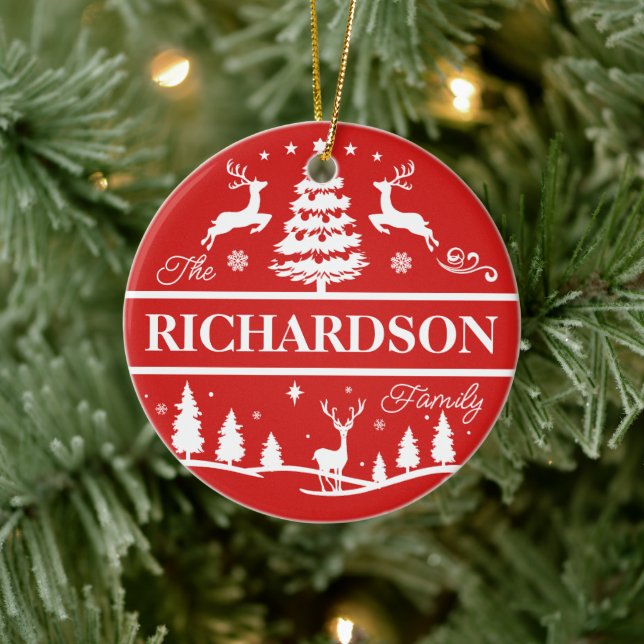 Red Christmas White Family Name Custom | Monogram Ceramic Ornament (Tree)