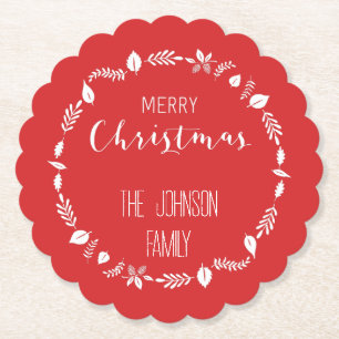 Red Christmas With White Leaves Decor Paper Coaster