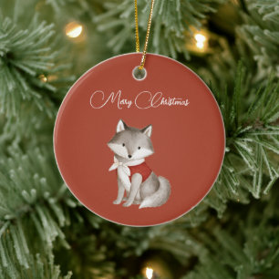 Red Christmas Wolf Chipmunk Ceramic Ornament