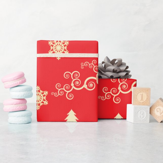 Red Christmas Wrap with Cream Snowflakes Wrapping Paper (Creator Uploaded)