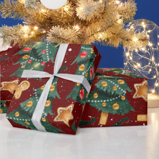 Red Christmas Wrapping Paper with Christmas Trees