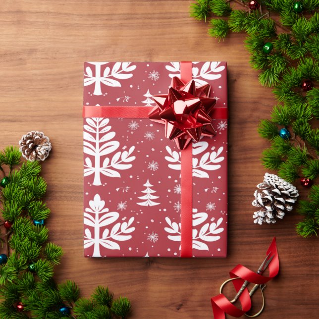 Red Christmas wrapping paper with trees (Holiday Gift)